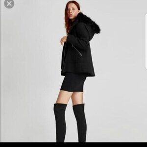 Zara Size S Short Coat Hooded Short Black Swing Jacket Gold Zippers